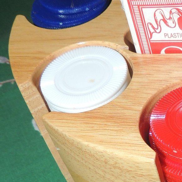 Metal Handled, Lazy Susan Rotating Solid Wood Carousel w/Vintage 1960's Chips - Picture 7 of 8